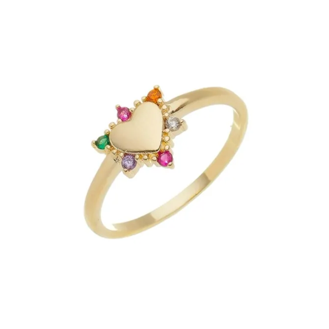 Anel Anne Coração Zircônias Coloridas Folheado a Ouro 18k