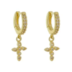 Brinco Argolinha Cruz Filipa Zircônias Folheado a Ouro 18k