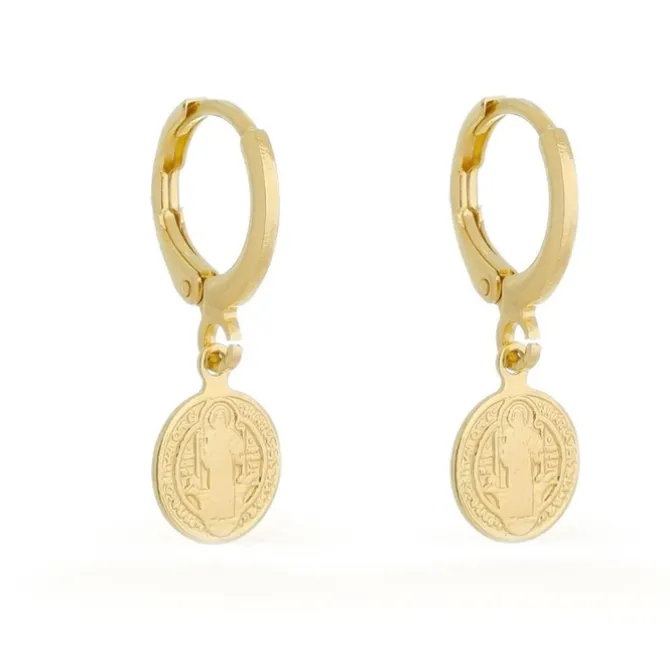 Brinco Argolinha Medalha São Bento Folheado a Ouro 18k
