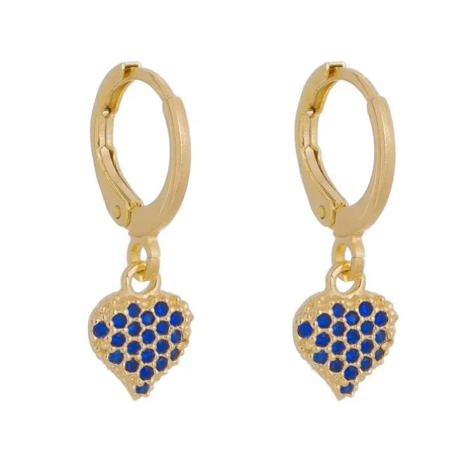 Brinco Argolinha Nanda Coração Zircônias Safira Folheado a Ouro 18k