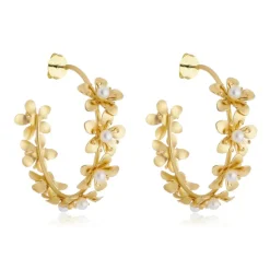 Brinco de Argola Flor Lírio Dourado e Pérolas