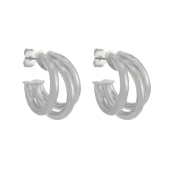 Brinco de Argola Tripla Tubo Liso Enola P Folheado em Ródio Branco