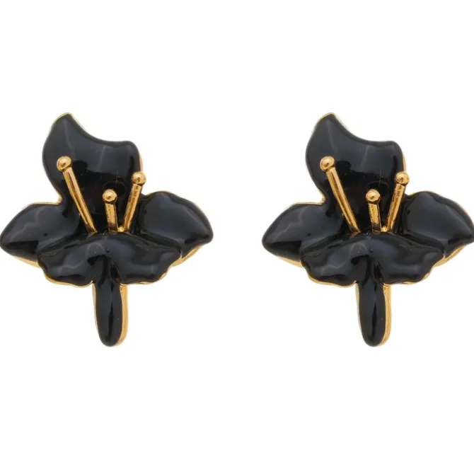 Brinco de Flor Orquídea Preto e Dourado