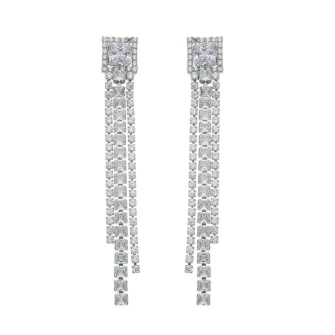 Brinco de Franjas Whitney Zircônias Folheado em Ródio Branco