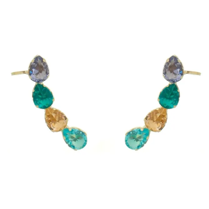 Brinco Ear Cuff Callie Gotas Zircônias Coloridas Folheado a Ouro 18k