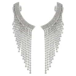 Brinco Ear Cuff Leonie Strass Franja Folheado em Ródio Branco