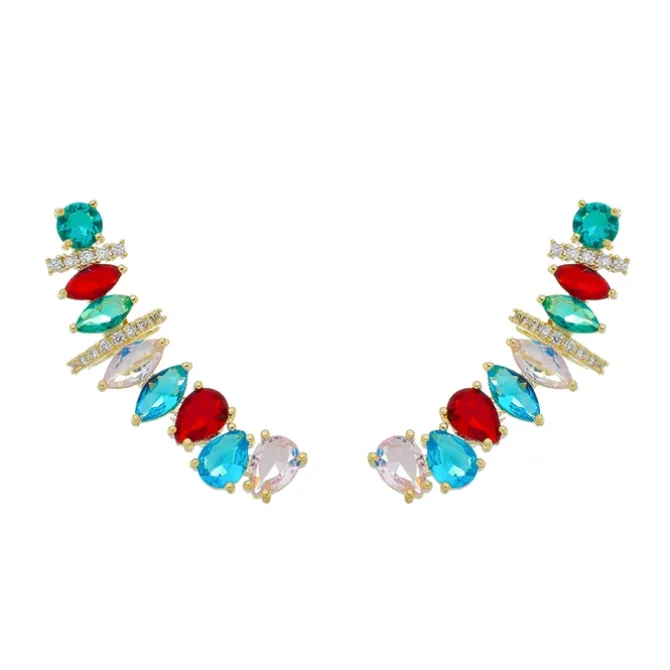 Brinco Ear Cuff Lya Zircônias Coloridas Folheado a Ouro 18k