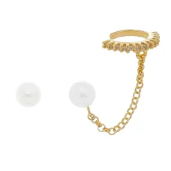 Brinco Ear Line Aline Pérola e Zircônia Cristal Folheado a Ouro 18k
