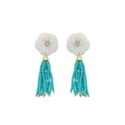 Brinco Jaque Flor Madrepérola Zircônia Cristais Turquesa Folheado a Ouro 18k