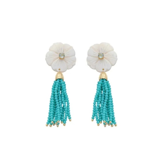 Brinco Jaque Flor Madrepérola Zircônia Cristais Turquesa Folheado a Ouro 18k