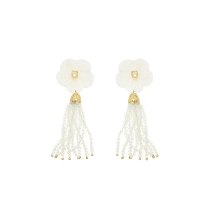 Brinco Jaque Flor Madrepérola Zircônia Cristais Opaline Folheado a Ouro 18k