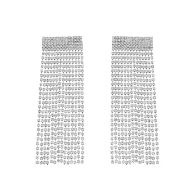 Brinco Leila Strass Franjas Folheado em Ródio Branco