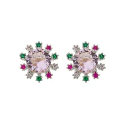 Brinco Ponto de Luz Deise Zircônia Rosa Folheado em Ródio Branco