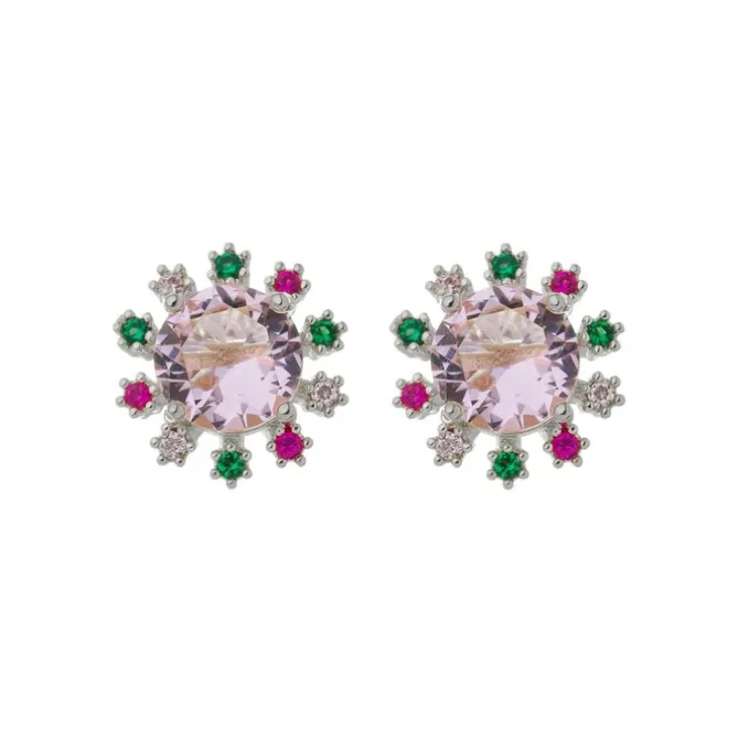 Brinco Ponto de Luz Deise Zircônia Rosa Folheado em Ródio Branco