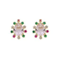 Brinco Ponto de Luz Gota Deise Zircônia Rosa Folheado a Ouro 18k