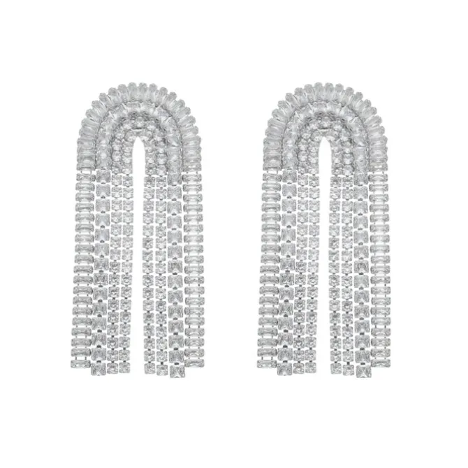 Brinco Scarlet Semi Oval Franjas Zircônias Folheado em Ródio Branco