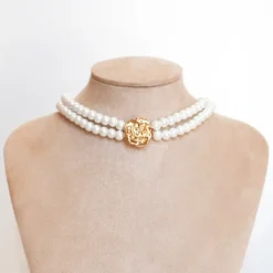 Choker Dupla Marina Pérolas Flor Folheada a Ouro 18k