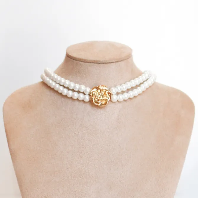 Choker Dupla Marina Pérolas Flor Folheada a Ouro 18k