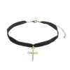Choker Zoe Veludo Preto Cruz Gótica Folheado a Ouro 18k