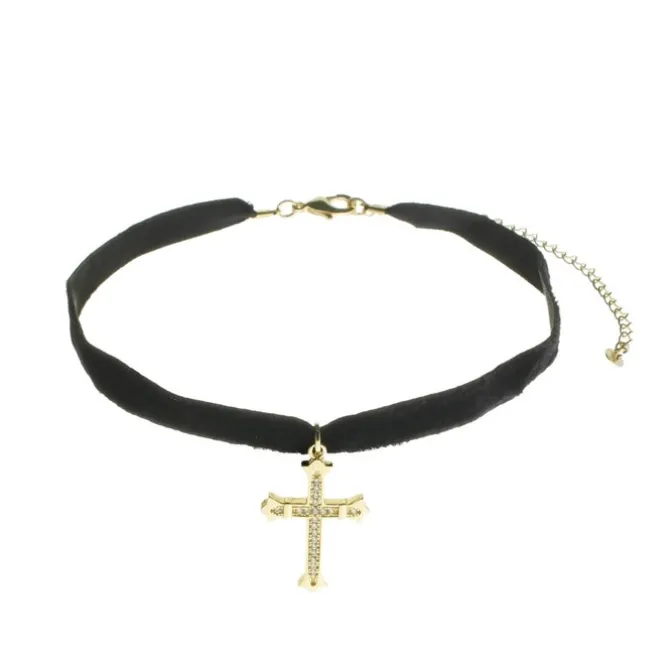 Choker Zoe Veludo Preto Cruz Gótica Folheado a Ouro 18k
