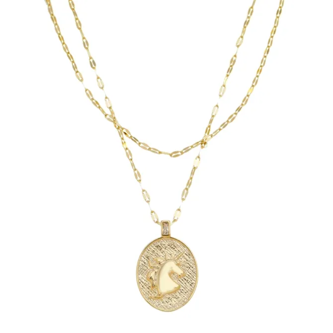 Colar 2 Voltas Medalha Unicórnio Enjoy And Dream Zircônia Folheado a Ouro 18k