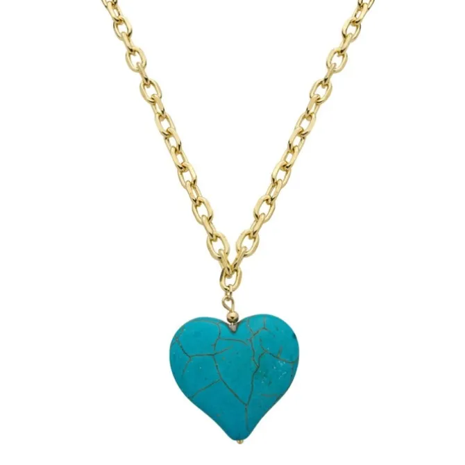 Colar Ananda Elos Coração Pedra Turquesa Folheado a Ouro 18k