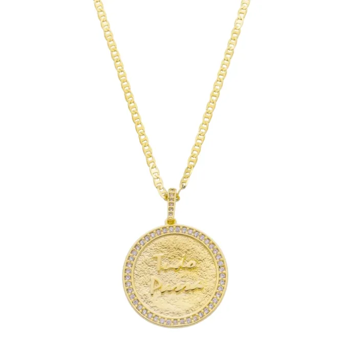 Colar Asha Medalha Tudo Passa Zircônias Folheado a Ouro 18k
