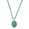 Colar Clara Cristais Pingente Oval Pedra Turquesa Folheado a Ouro 18k