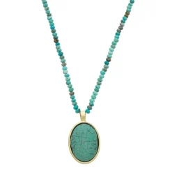 Colar Clara Cristais Pingente Oval Pedra Turquesa Folheado a Ouro 18k