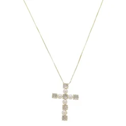 Colar Cruz Pérolas Zircônias Folheado a Ouro 18k