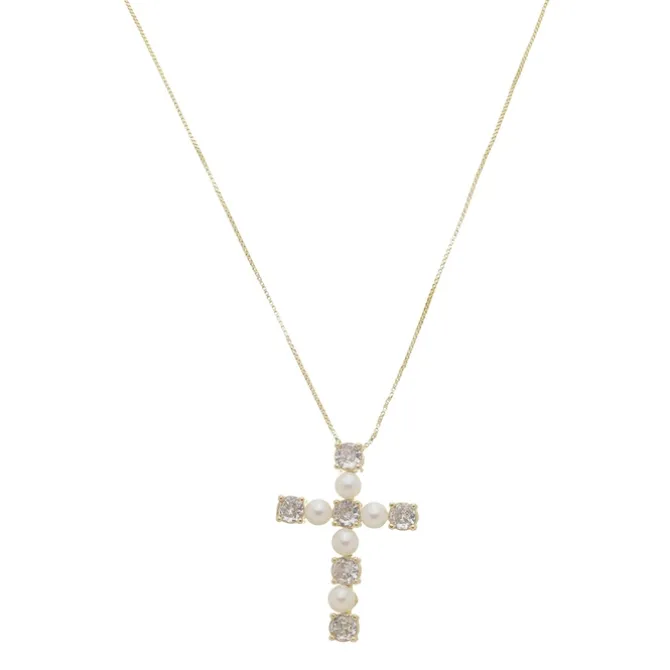 Colar Cruz Pérolas Zircônias Folheado a Ouro 18k