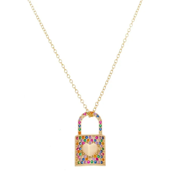 Colar de Cadeado Coração Zircônias Coloridas Thassia Folheado a Ouro 18k