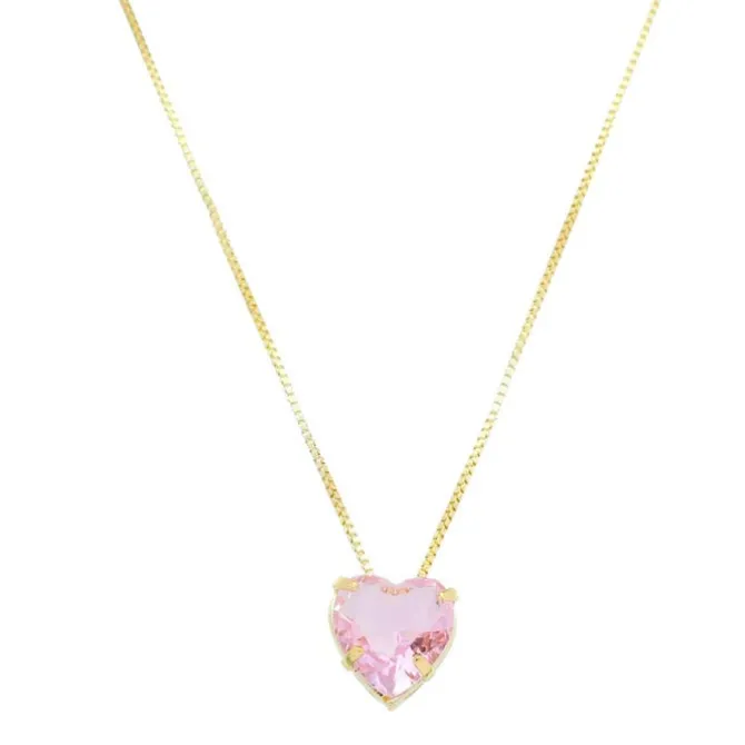 Colar de Coração Zircônia Rosa Junny Folheado a Ouro 18k