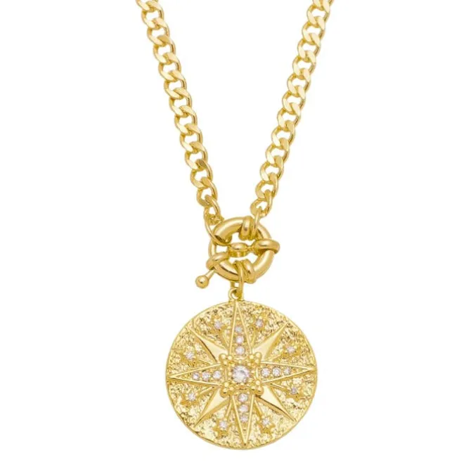 Colar de Estrela Medalha Atria Elos Zircônias Folheado a Ouro 18k