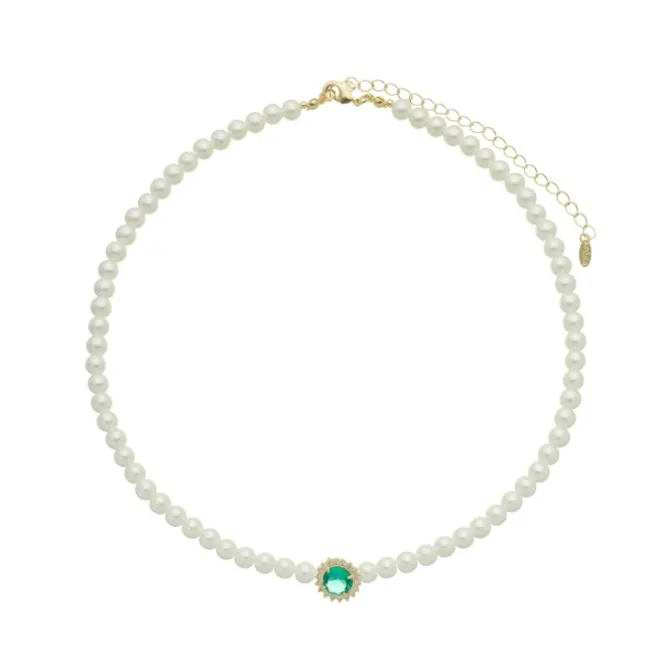 Colar de Pérolas Diana Ponto de Luz Zircônia Turmalina Folheado a Ouro 18k