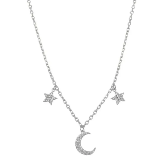 Colar Feminino Alpha Estrela Lua Folheado em Ródio Branco