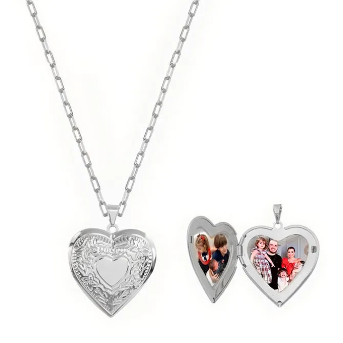 Colar Feminino Amore Relicário Coração Folheado em Ródio Branco