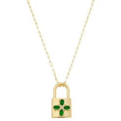 Colar Feminino Ariane Cadeado Flor Zircônia Esmeralda Folheado a Ouro 18k