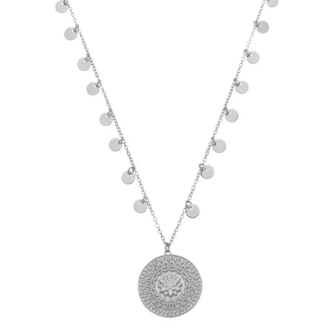 Colar Feminino Medalha Flor de Lótus Cresça Evolua Floresça Folheado em Ródio Branco