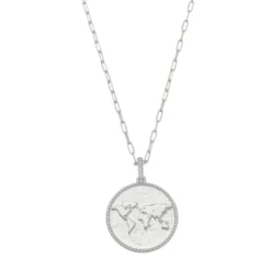 Colar Feminino Medalha Mapa Mundi Sonhe Alto Folheado em Ródio Branco
