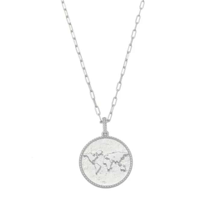 Colar Feminino Medalha Mapa Mundi Sonhe Alto Folheado em Ródio Branco