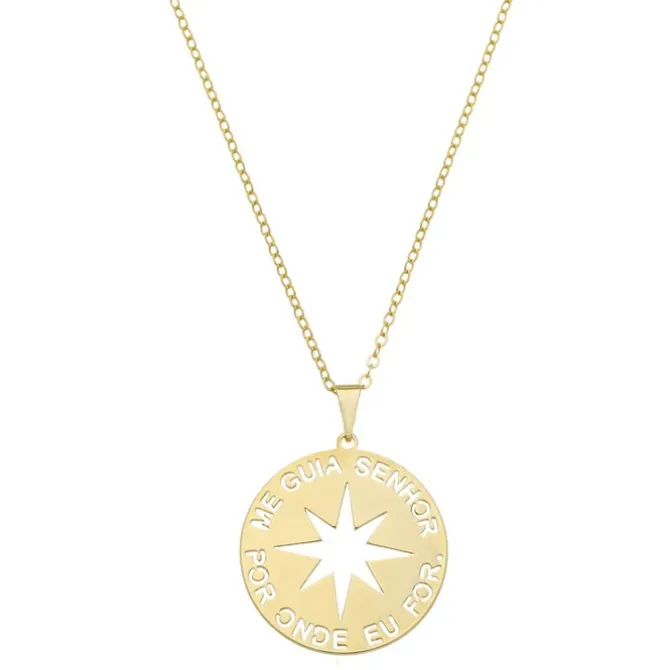 Colar Feminino Medalha Me Guia Senhor Por Onde Eu For Folheado a Ouro 18k