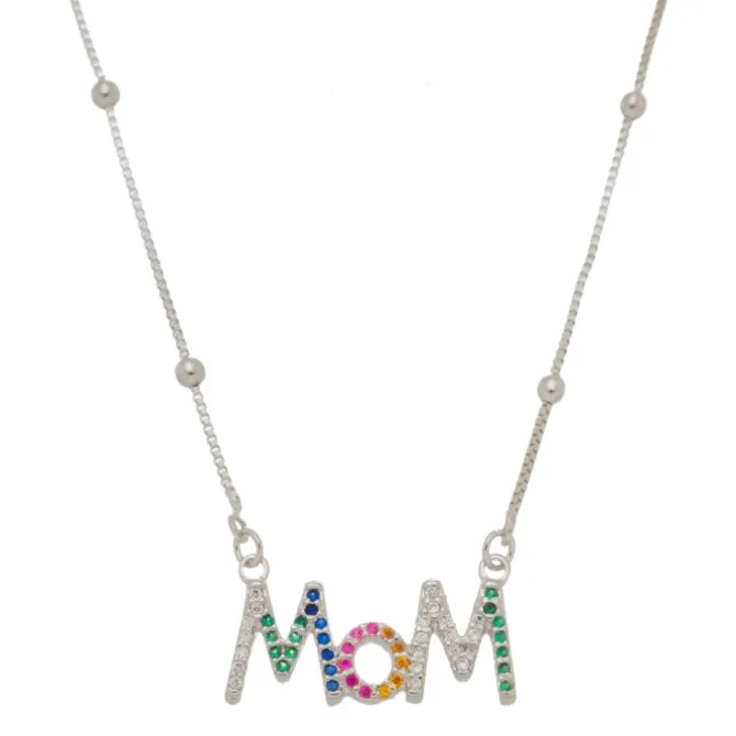 Colar Feminino Mom Zircônias Coloridas Folheado em Ródio Branco