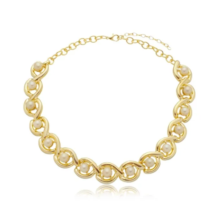 Colar Helena Elos e Pérolas Dourado