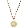 Colar Longo Medalha Alya Sol Lua Estrela Pedra Natural Jade Rosa Verde Folheado a Ouro 18k