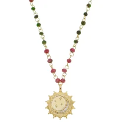Colar Longo Medalha Alya Sol Lua Estrela Pedra Natural Jade Rosa Verde Folheado a Ouro 18k