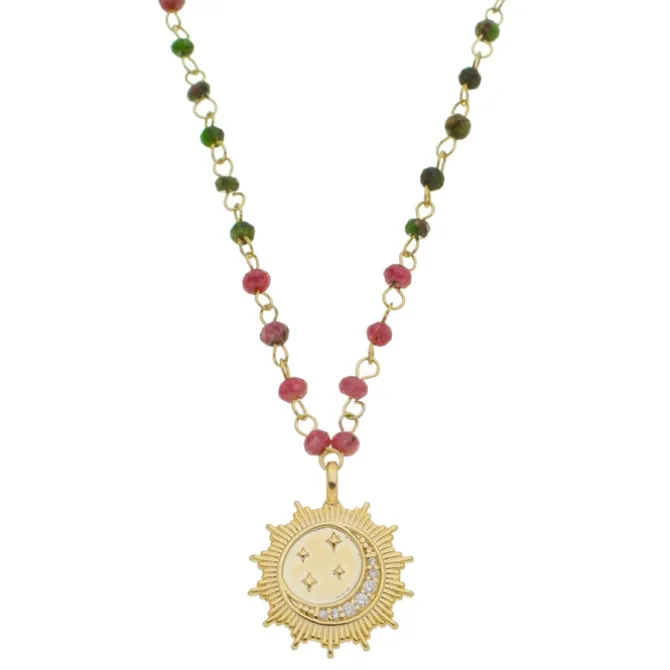 Colar Longo Medalha Alya Sol Lua Estrela Pedra Natural Jade Rosa Verde Folheado a Ouro 18k