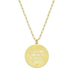 Colar Longo Medalha Sou um com Deus Elos Folheado a Ouro 18k