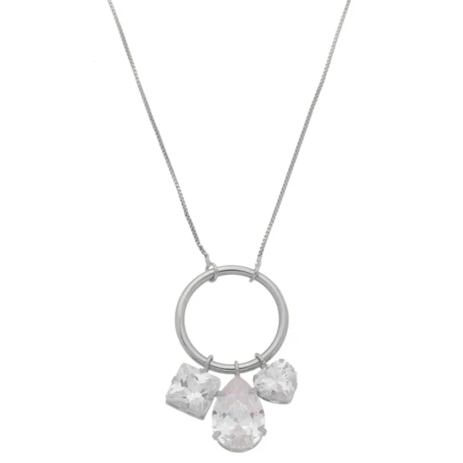 Colar Longo Piuka Diara Círculo Gota Coração Zircônias Folheado em Ródio Branco