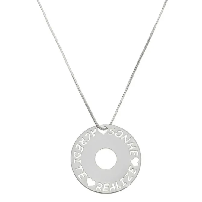 Colar Mandala Sonhe Acredite Realize Folheado em Ródio Branco